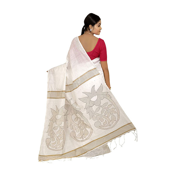White Muslin Jamdani Saree with Blue Floral Buttis main image 0