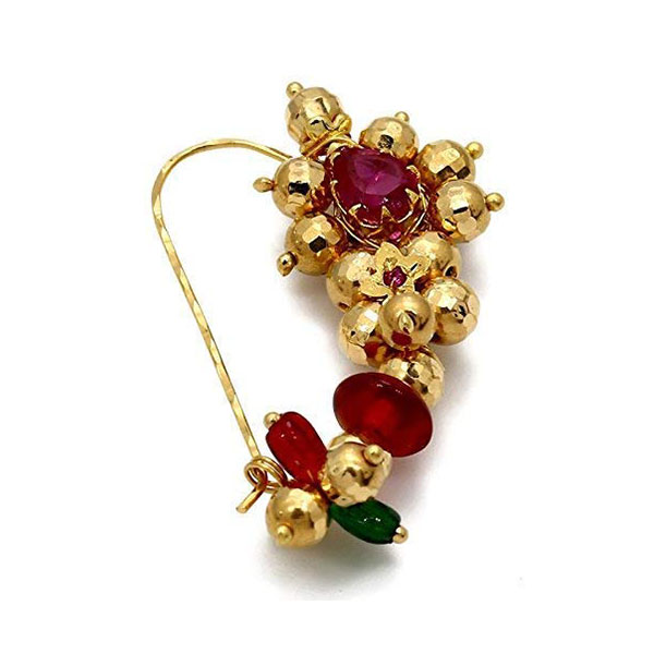 Maharashtrian Nath Antique Gold Plated Nose Pin Red & Green Colour –  Digital Dress Room