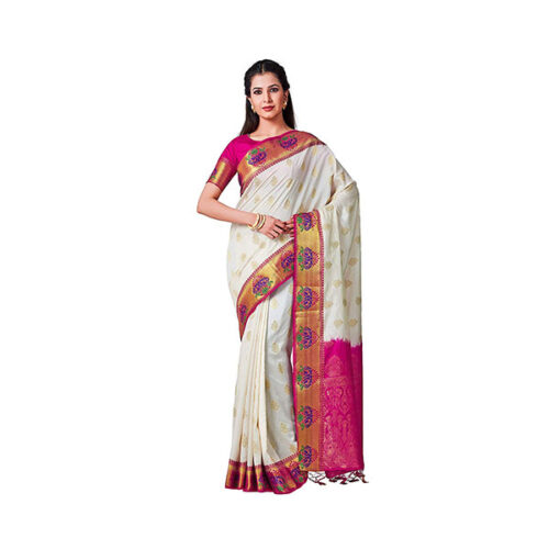 Paithani-Art-Silk-Saree-With-Unstitched-Blouse-Piece-(White)
