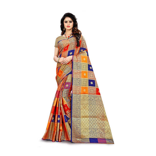 Patola Style Banarasi Silk Saree With Blouse Piece (Multicolor)