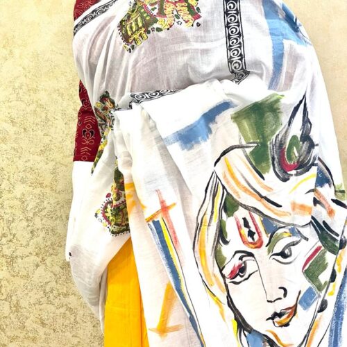 Hand Painted Khadi Saree With Unstitched Blouse Piece (White)