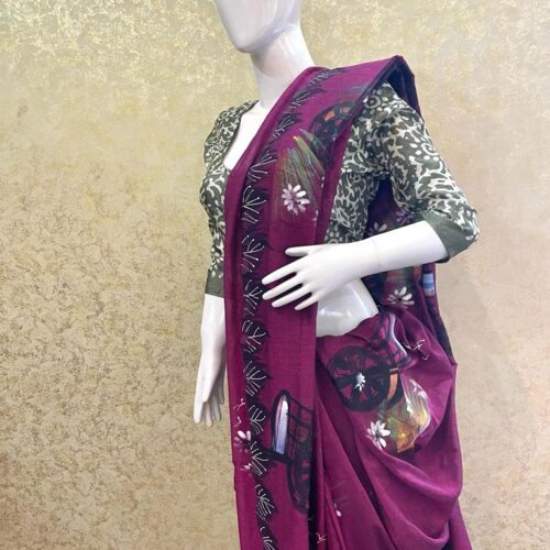 Hand Painted Khadi Saree With Unstitched Blouse Piece (Purple)