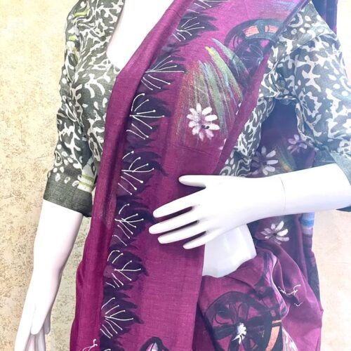 Hand Painted Khadi Saree With Unstitched Blouse Piece (Purple)